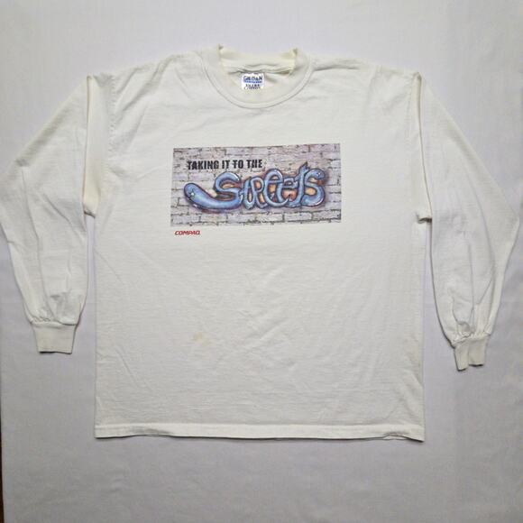 Vintage Streets Compaq Computer Graphic Long Sleeve Shirt White XL Cotton Tee